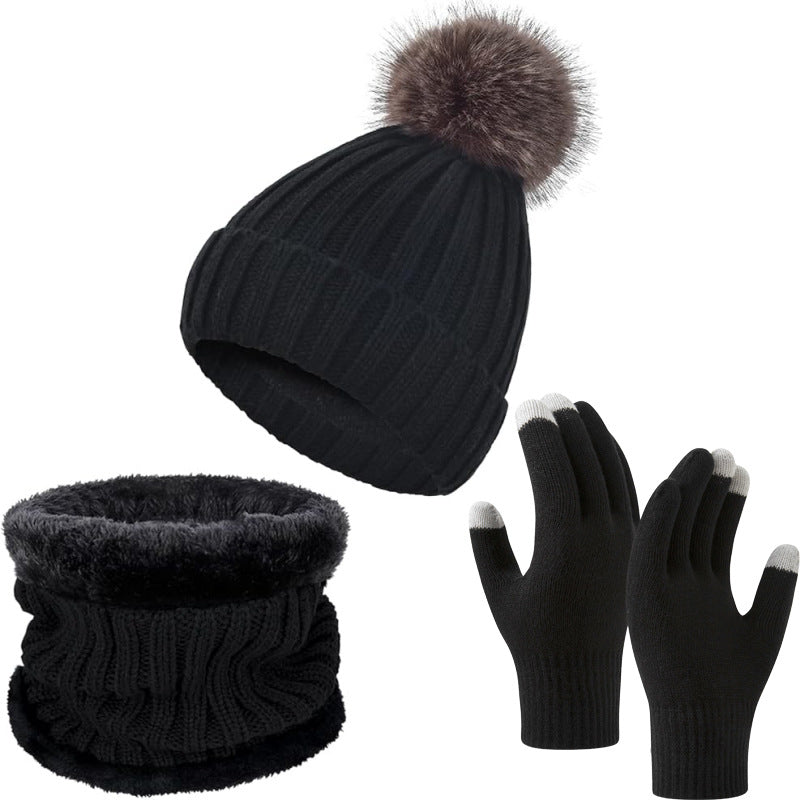 Wholesale Knitted Wool Warm Plus Velvet Thick Winter Scarf Gloves Hat Neck Three-piece Set